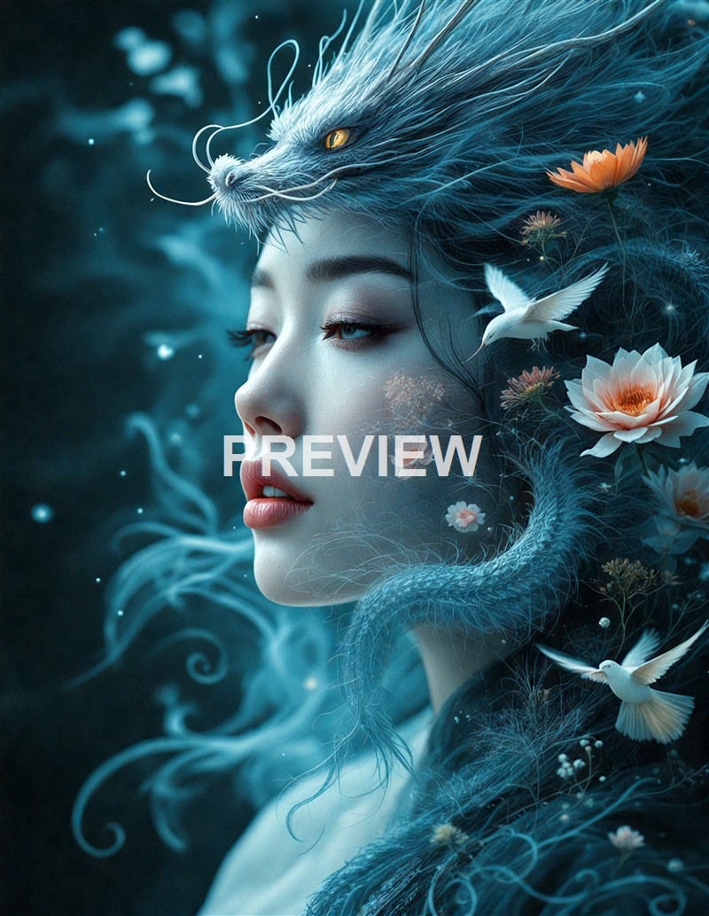 A surreal digital artwork depicting a woman with flowing hair intertwined with a dragon, flowers, and birds, creating an otherworldly fantasy scene.